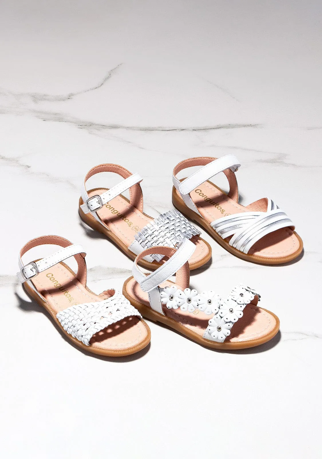 Girl's White Braided Sandals Leather