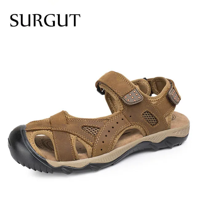 Summer Men's Sandals High Quality Real Leather Mens Shoes Slippers Beach Walking Casual Shoes Big Size 39-47