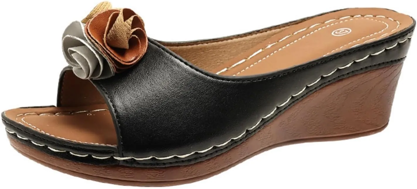 Womens Wedge Sandals Orthopedic Arch Support Slippers Fish Mouth Open Toe Mid Heel Platform Sandals Comfortable Vegan Leather Flower Sandal Dressy Casual Beach Slides
