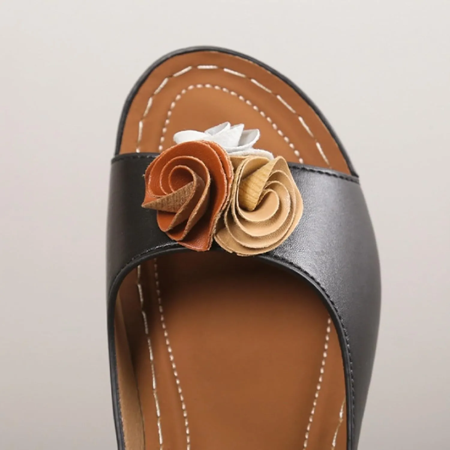 Womens Wedge Sandals Orthopedic Arch Support Slippers Fish Mouth Open Toe Mid Heel Platform Sandals Comfortable Vegan Leather Flower Sandal Dressy Casual Beach Slides